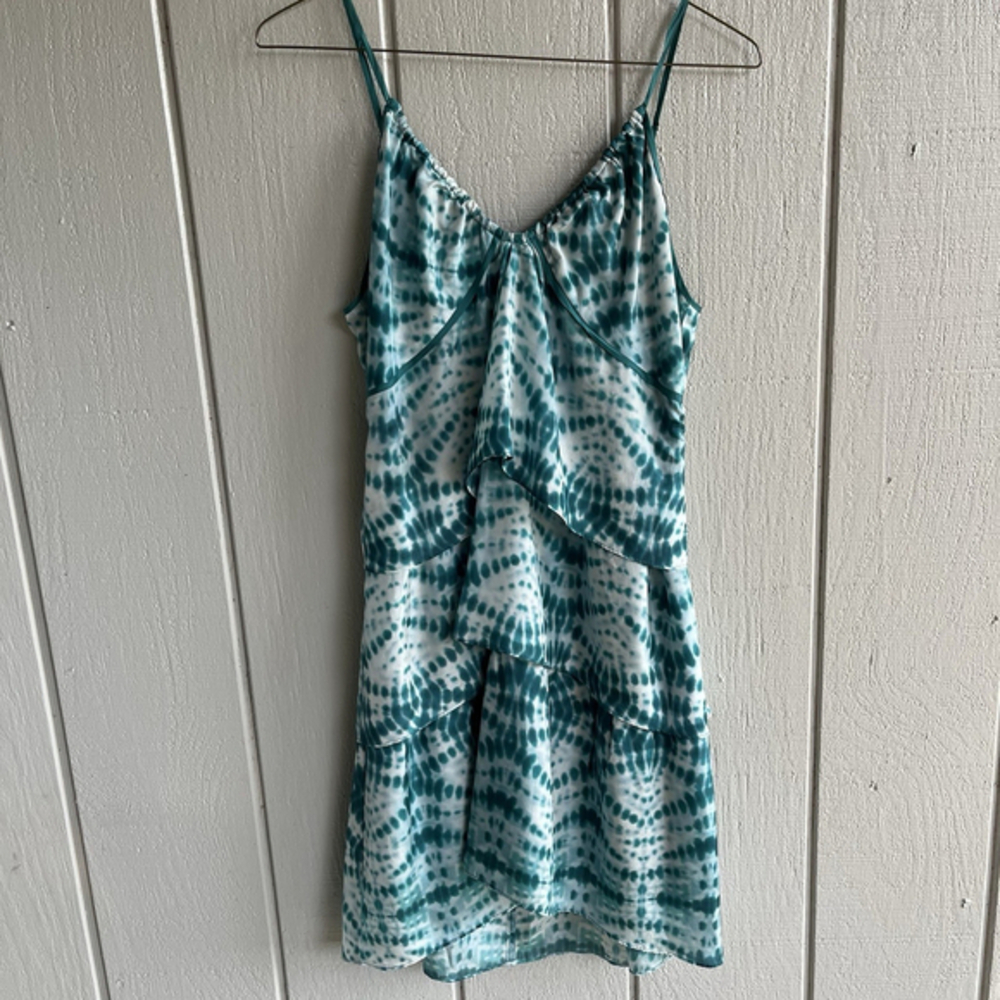 Velvet Silk Tiered‎ Sleeveless Mini Dress in Blue Teal Tie Dye Size L